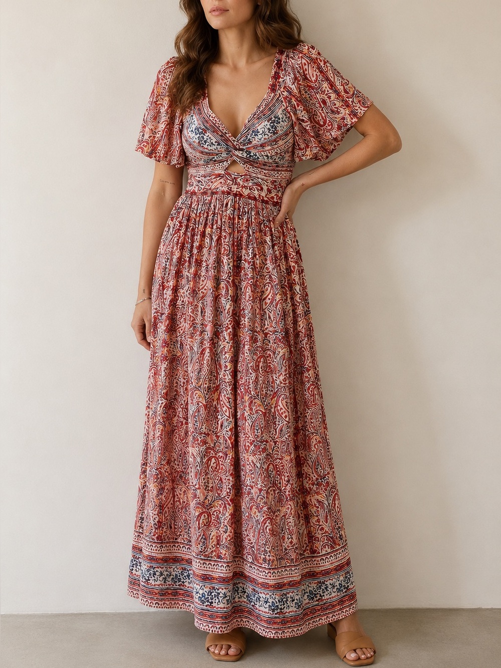 Angie Paisley Maxi Dress Red Boho Smocked Back Puff Sleeve Rayon Twist Front S